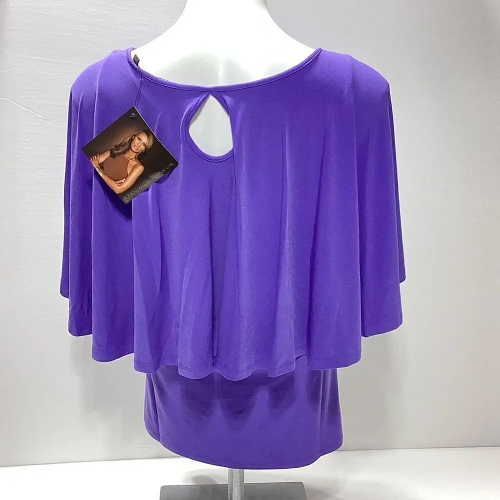 IMAN Purple Blouse With Draped Attached Flowy Cover Global Chic XS NWT